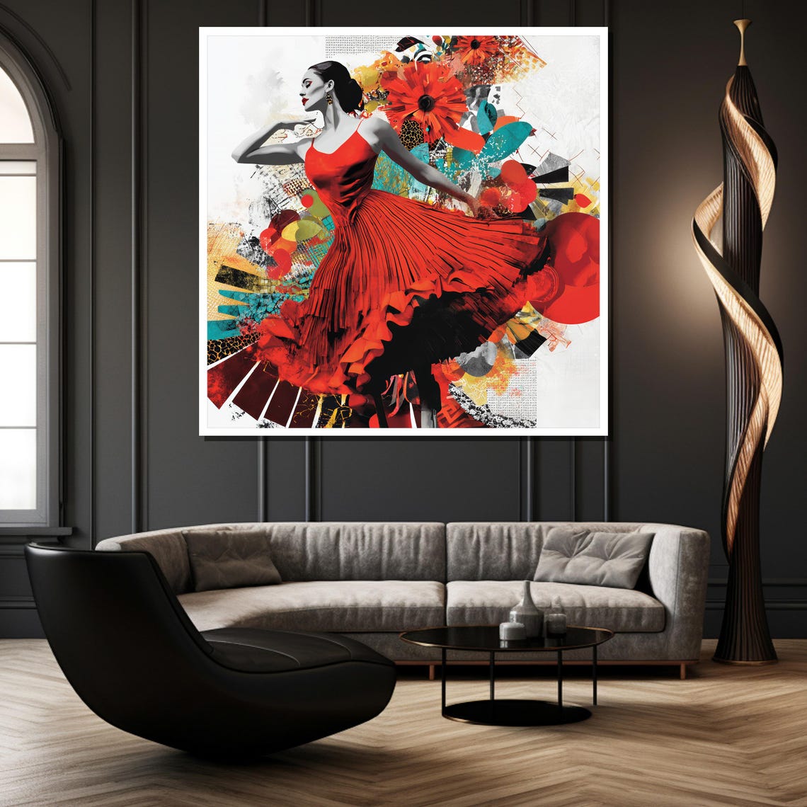 Flamenco Dancer in Red Dress on a Vibrant Collage Backdrop Poster - Image 2