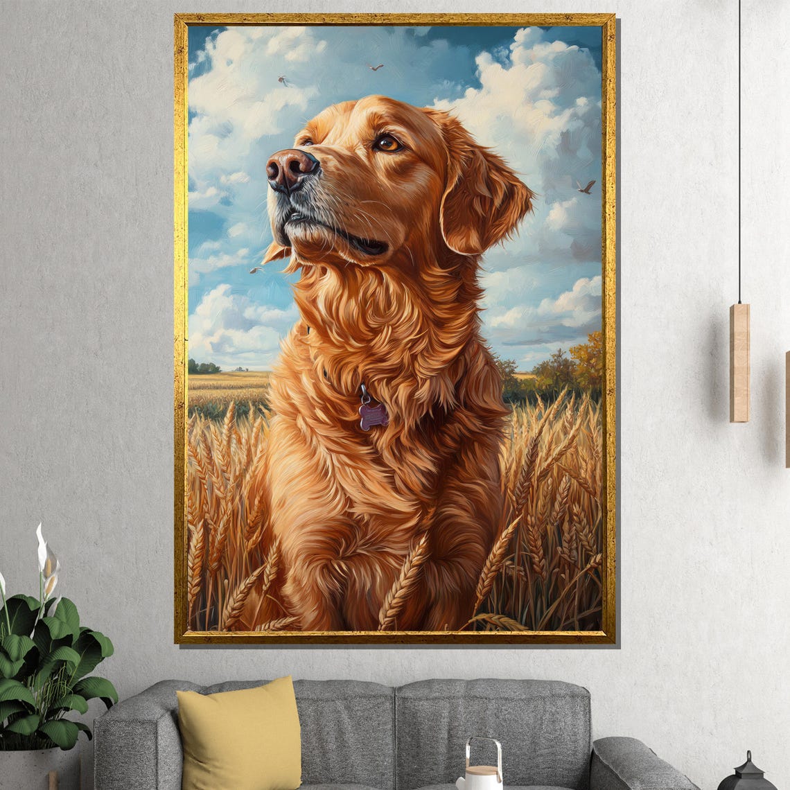 Golden Retriever Walking Through Wheat Field Painting Poster