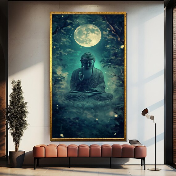 Serene Buddha Under Full Moon Teal Forest Spiritual Wall Poster