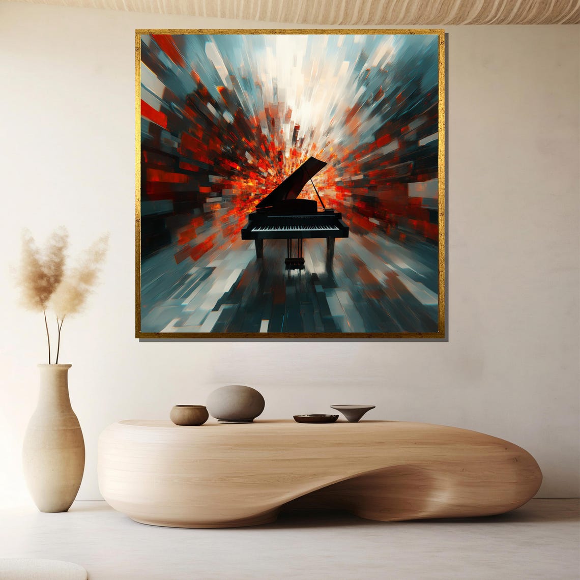 Grand Piano in a Vibrant Abstract Red and Blue Color Burst Poster