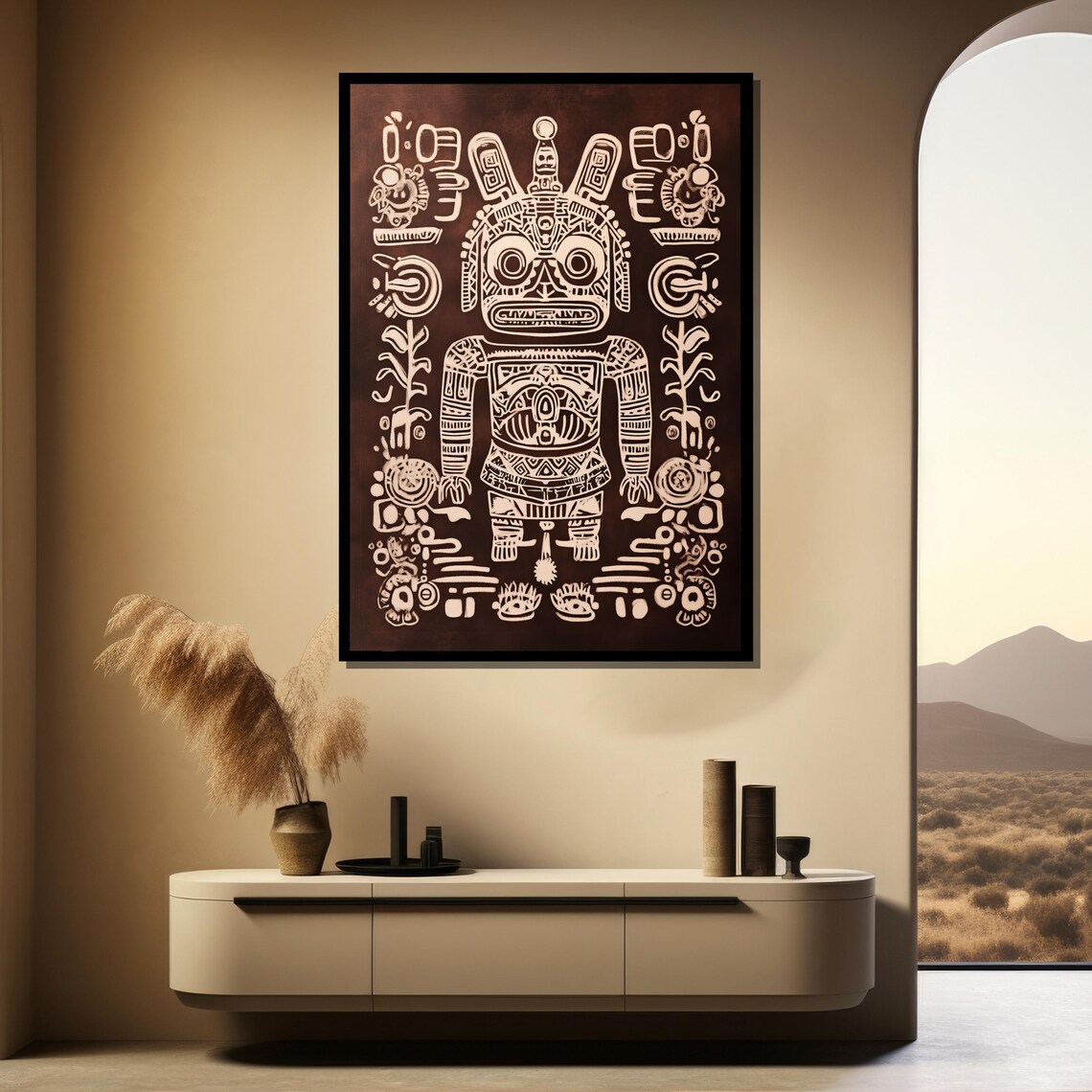 Ancient Tribal Totem Deity Mask in Earthy Glyph Style Painting Poster - Image 4
