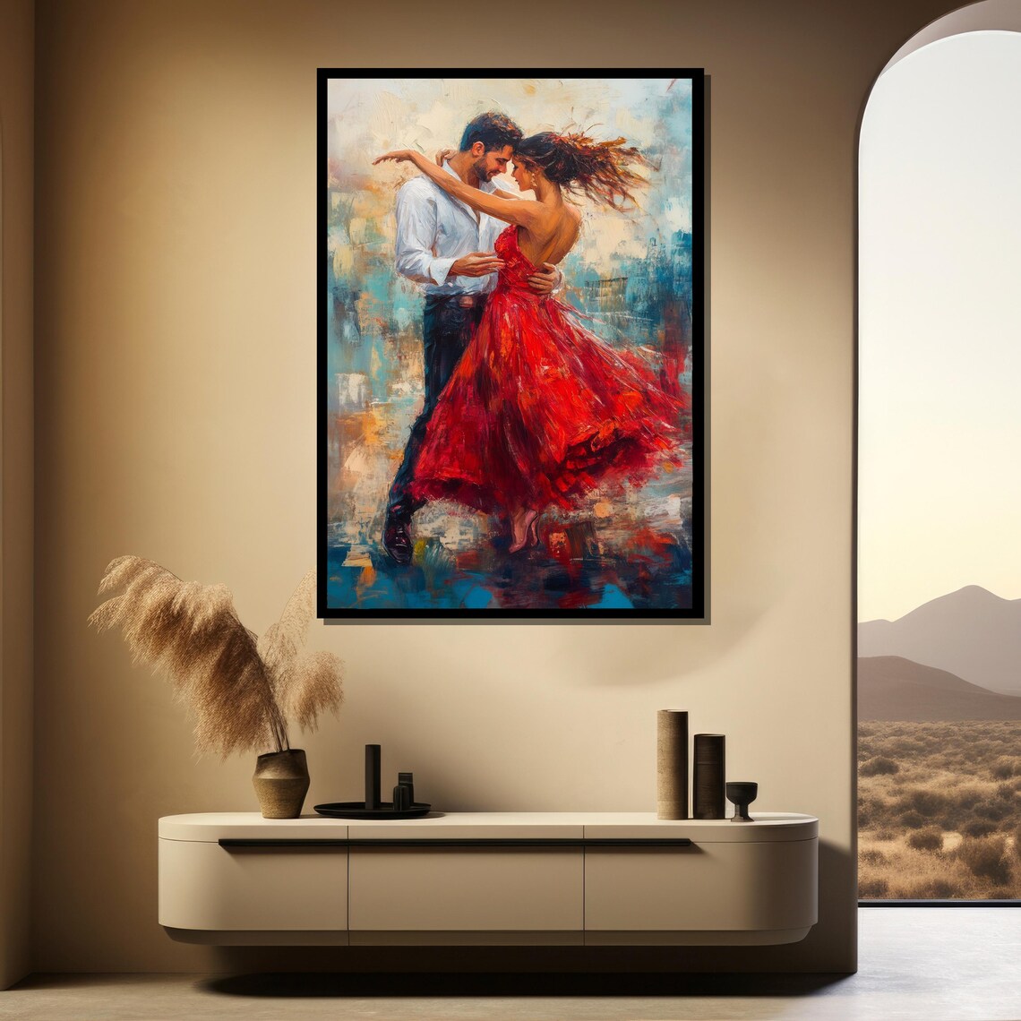 Romantic Couple Dance Red Dress Blue Abstract Painting Wall Poster - Image 4