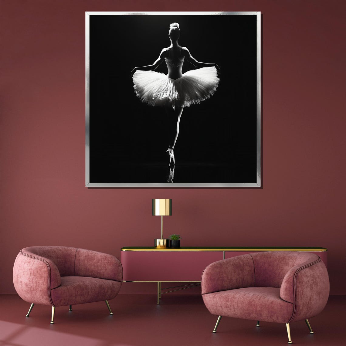Minimalist Ballerina Silhouette in a White Tutu on Black Poster - Image 3