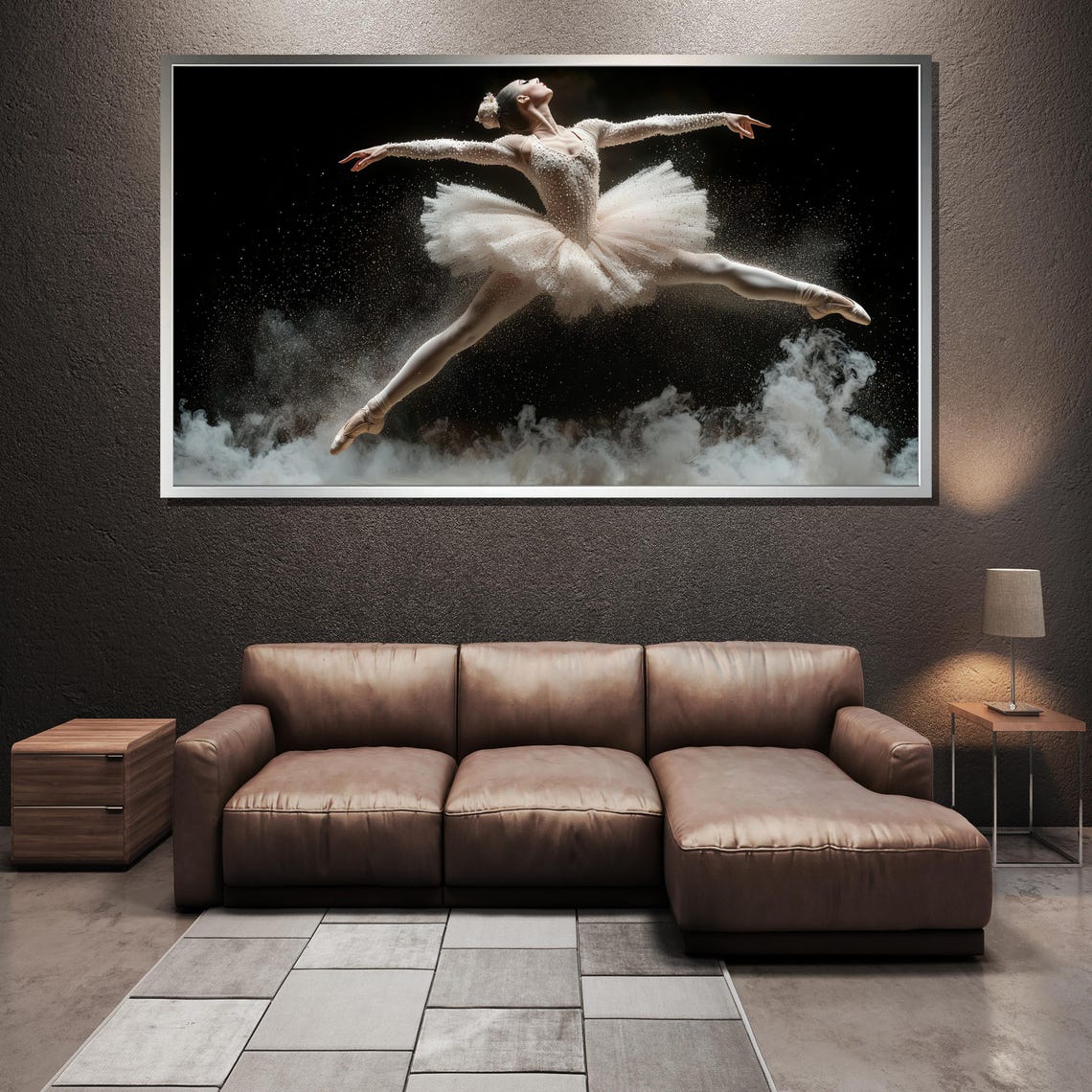 White Tutu Ballerina Leaping Over Glittering Clouds in Dark Art Poster - Image 3