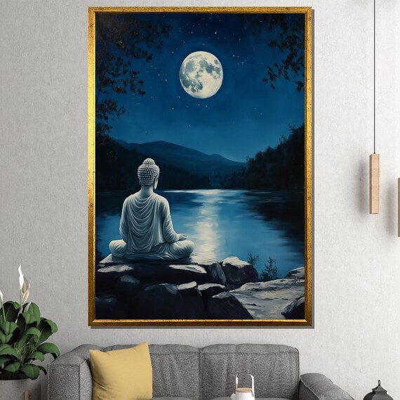 White Buddha Meditating by a Moonlit Lake Under Full Moon Poster