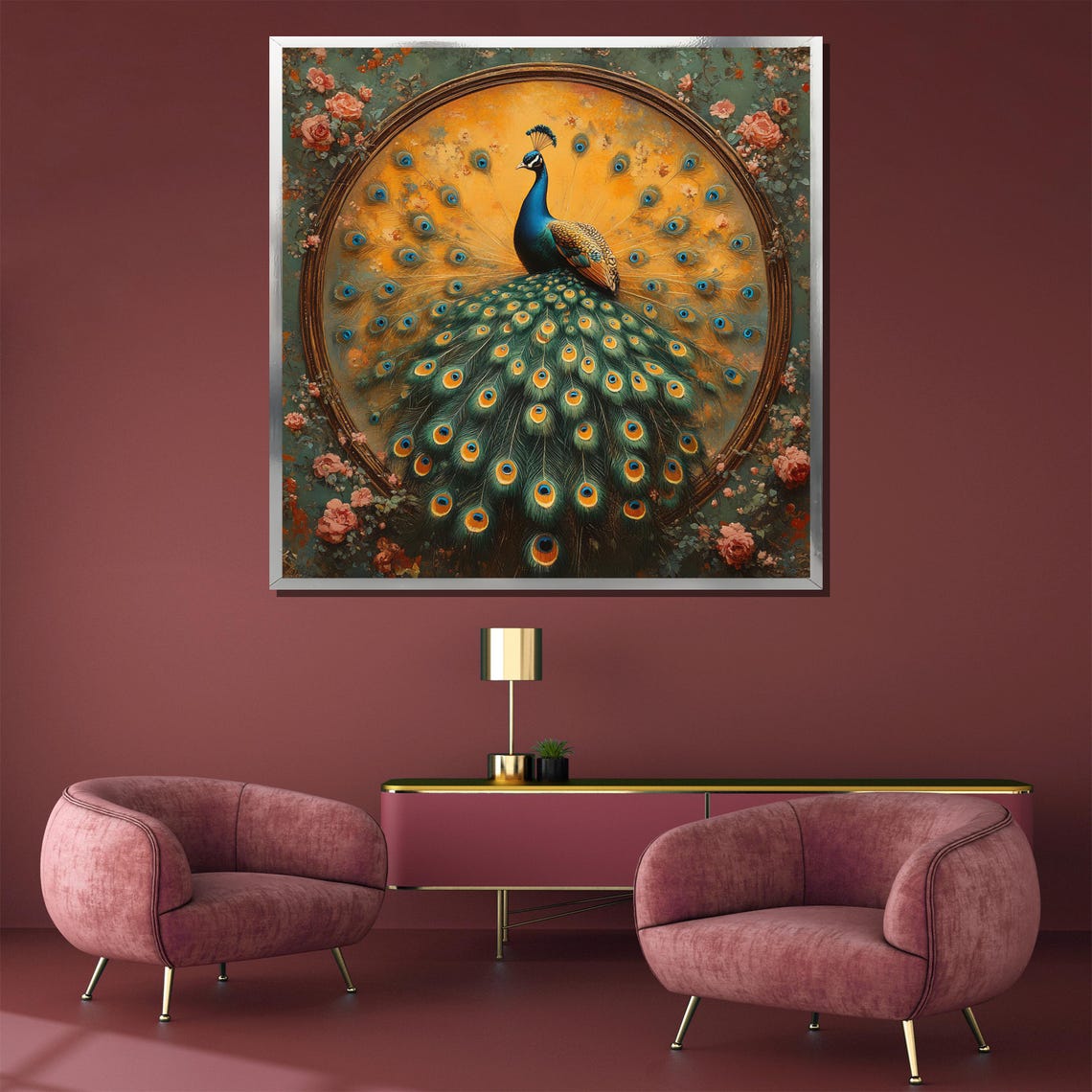 Ornate Peacock Feather Display Gilded Floral Frame Elegant Poster - Image 3