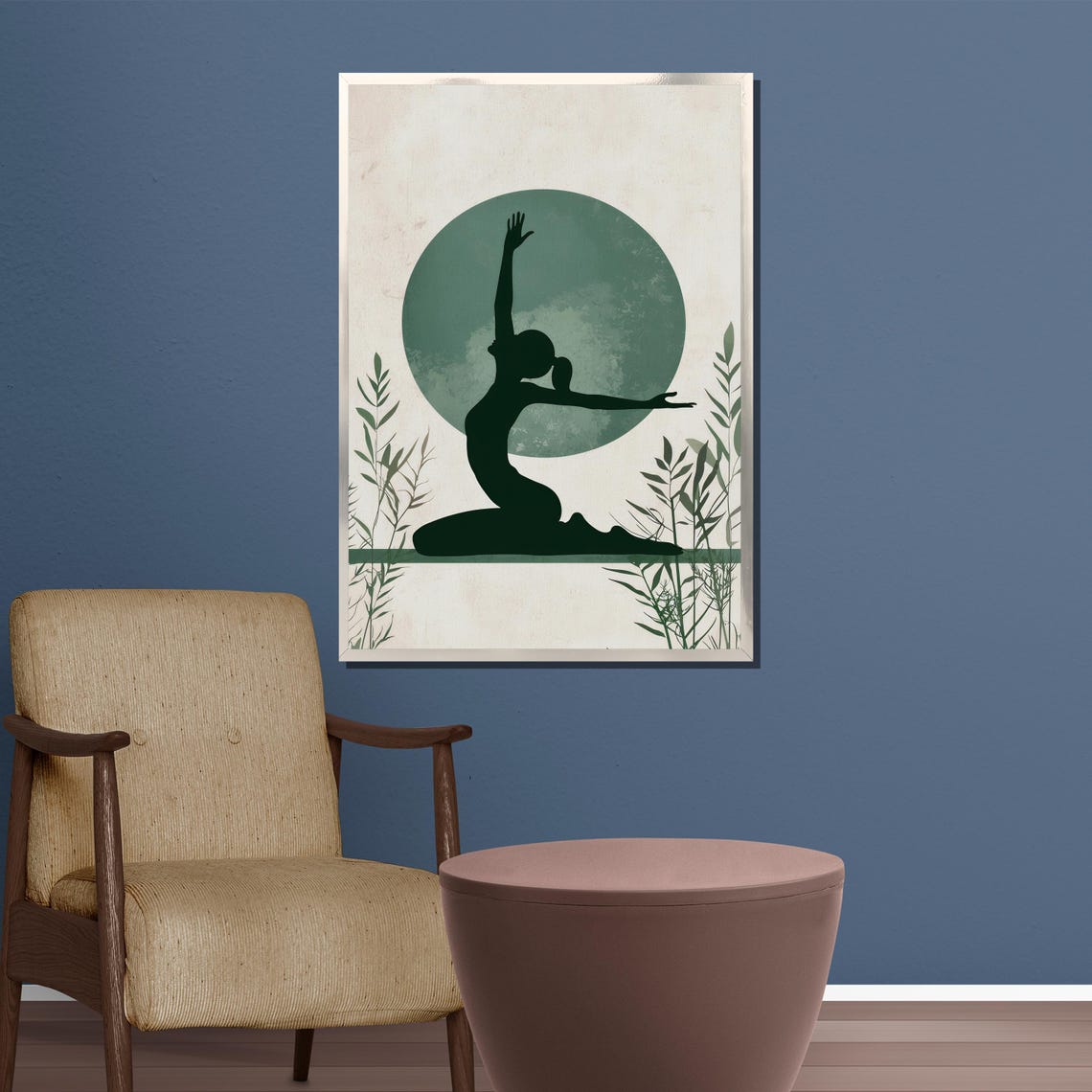 Yoga Silhouette Sage Green Moon Bamboo Minimalist Wall Poster - Image 3