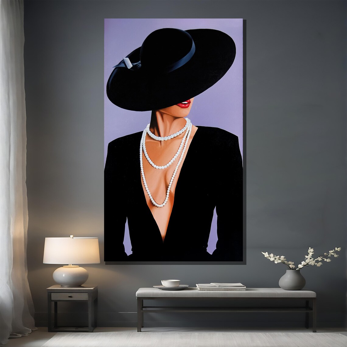 Elegant Woman In Black Hat Pearls And Dress On Lavender Poster - Image 2