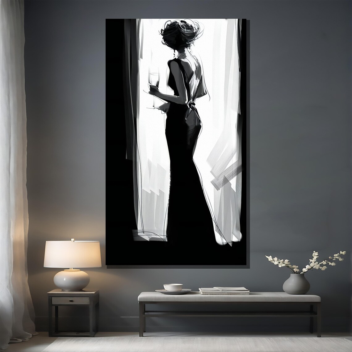 Minimalist Black White Woman Silhouette With Hat And Wine Poster - Image 2