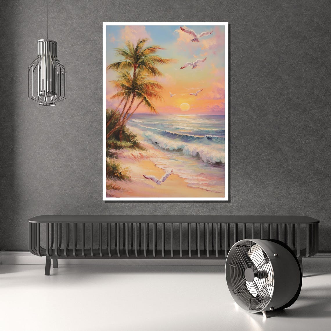 Tropical Beach Sunset Palm Trees and Soaring Seagulls Poster - Image 2