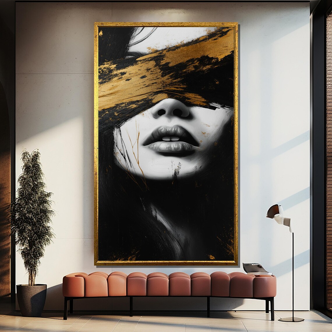 Luxury Gold Accented Modern Woman Painting Black And White Wall Art Unique Home Decor Gift For Sophisticated Spaces