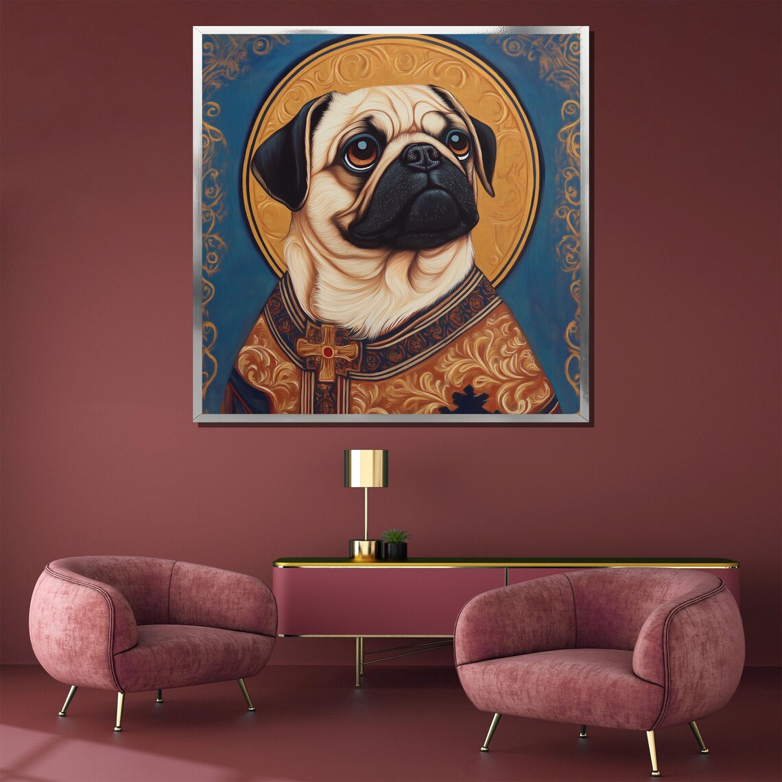 Royal Pug in Golden Robes with a Glowing Halo Funny Dog Poster - Image 3