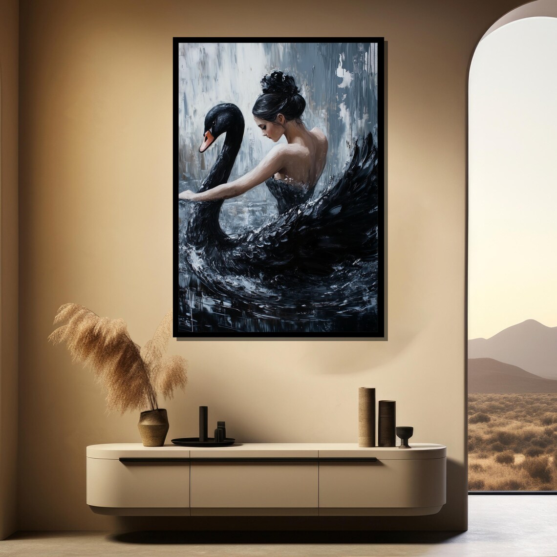 Ballerina and Black Swan in a Graceful Dark Watercolor Dance Poster - Image 4