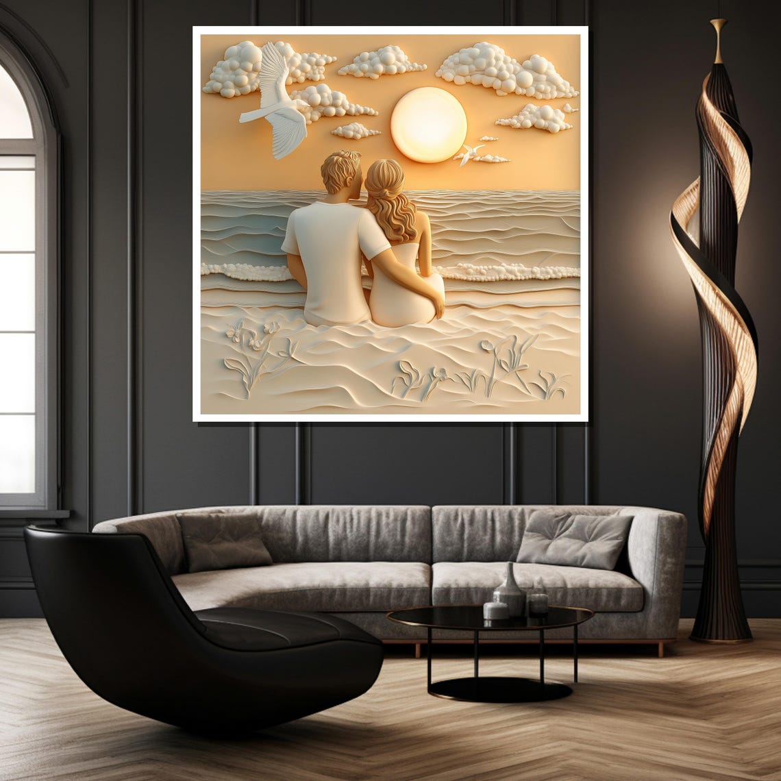 Beach Sunset Romantic Couple Sculpted Relief Waves Clouds Poster - Image 3