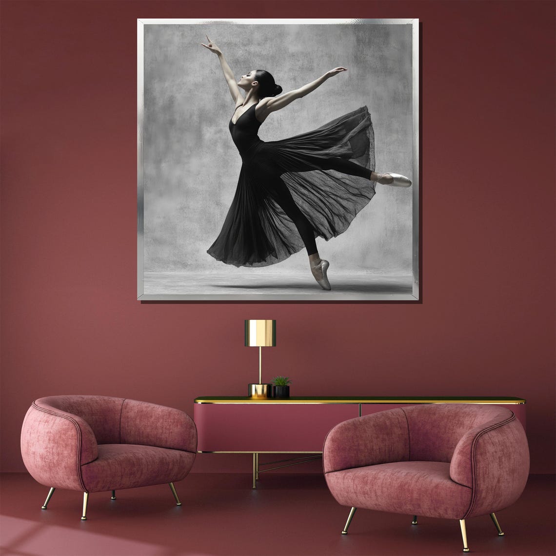 Black and White Ballerina in Flowing Dark Dress Leaping Poster - Image 3