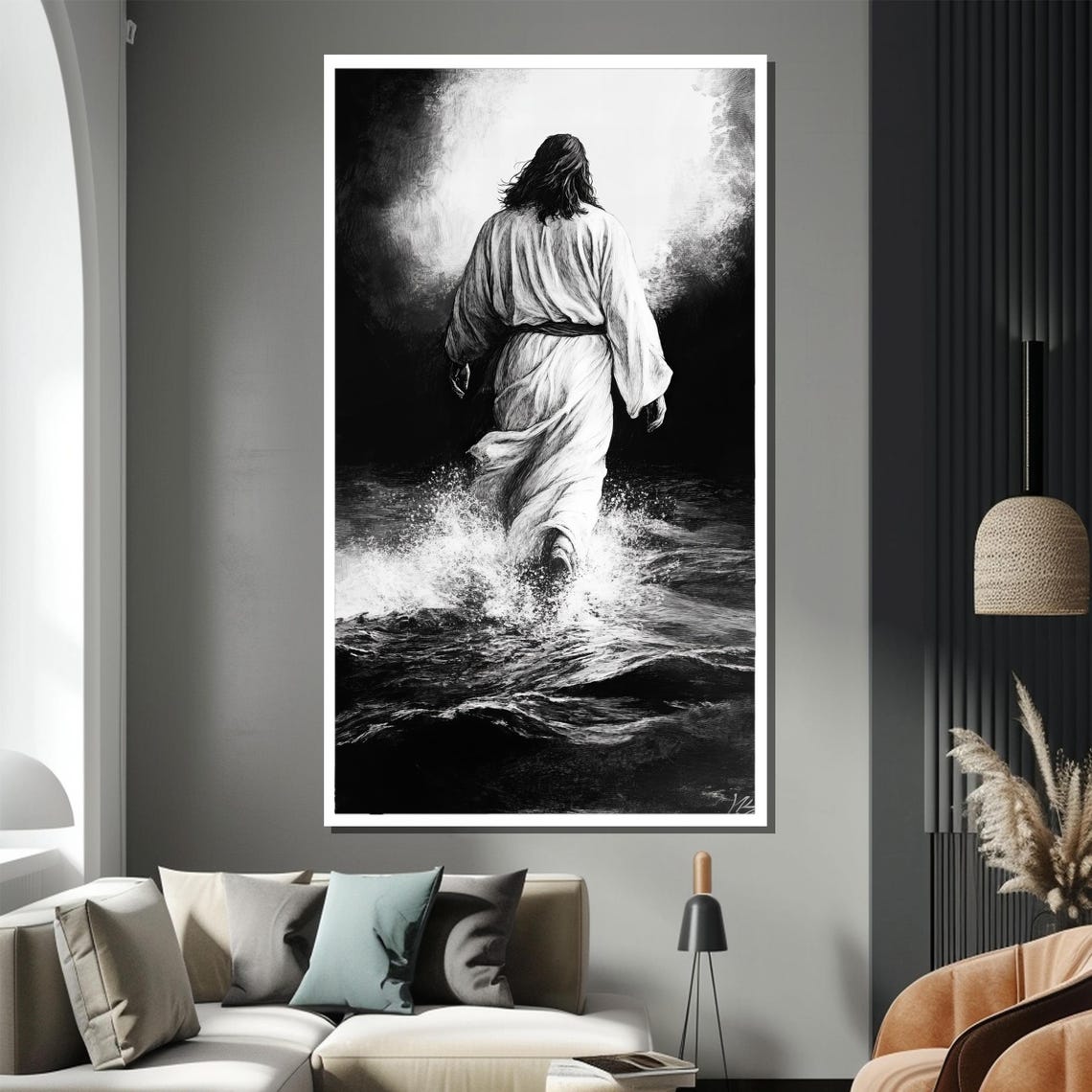 Jesus Walking on Water Black and White Dramatic Stormy Sea Poster - Image 4