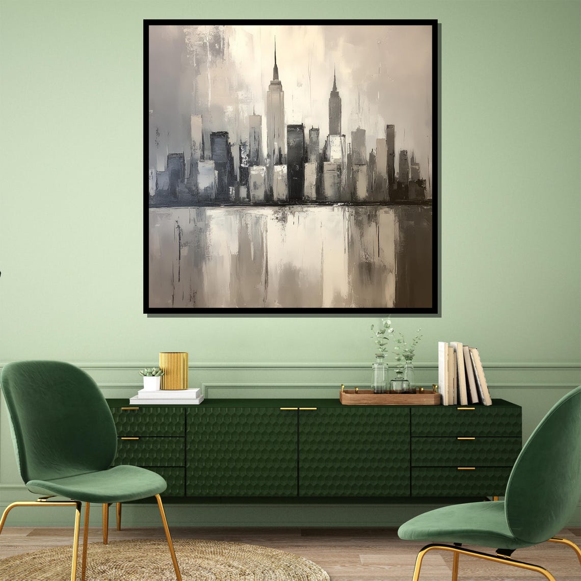 Gray Monochrome City Skyline Reflected In Water Modern Art Poster - Image 4