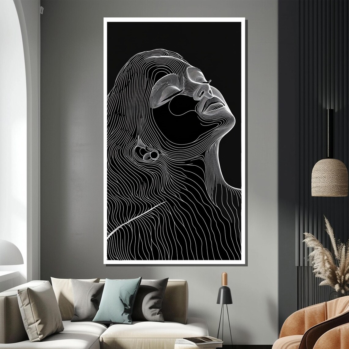 Modern Minimalist Woman Line Art White Contour Black Gold Framed Poster - Image 2