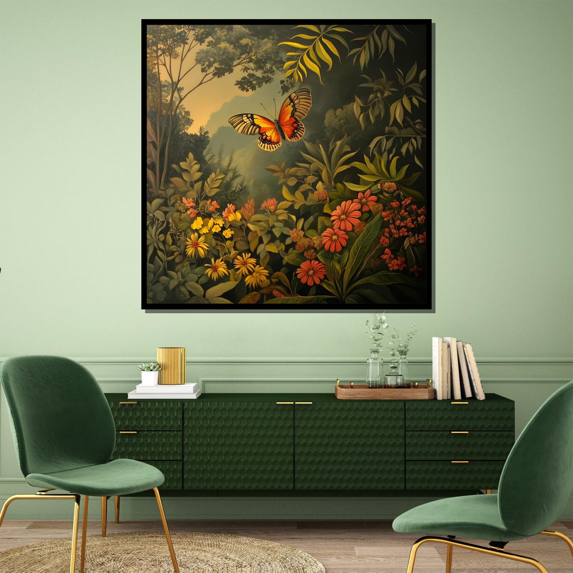 Vibrant Orange Butterfly Among Tropical Jungle Blooms Forest Poster - Image 4