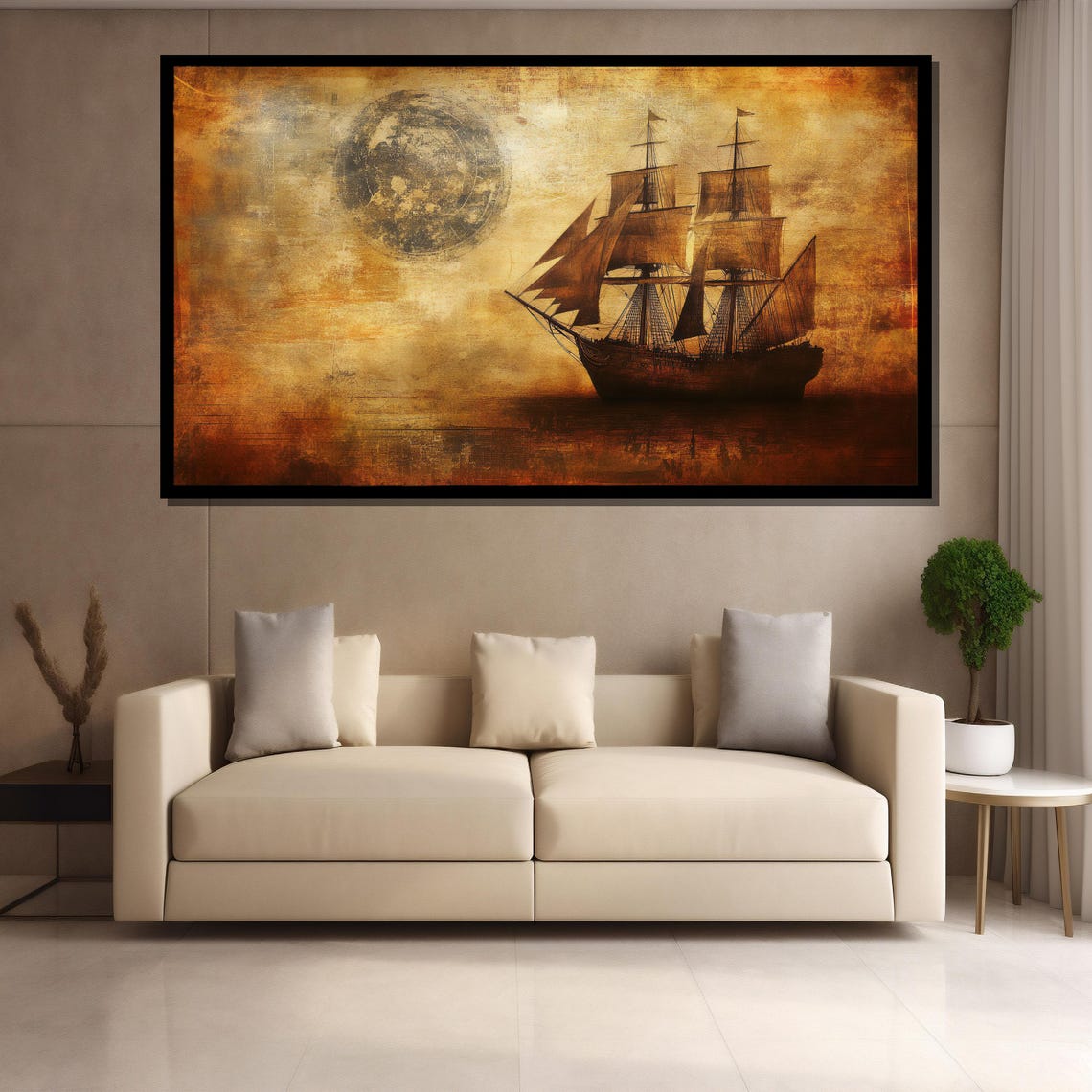 Vintage Tall Sailing Ship Under Full Moon Sepia Antique Art Poster - Image 4
