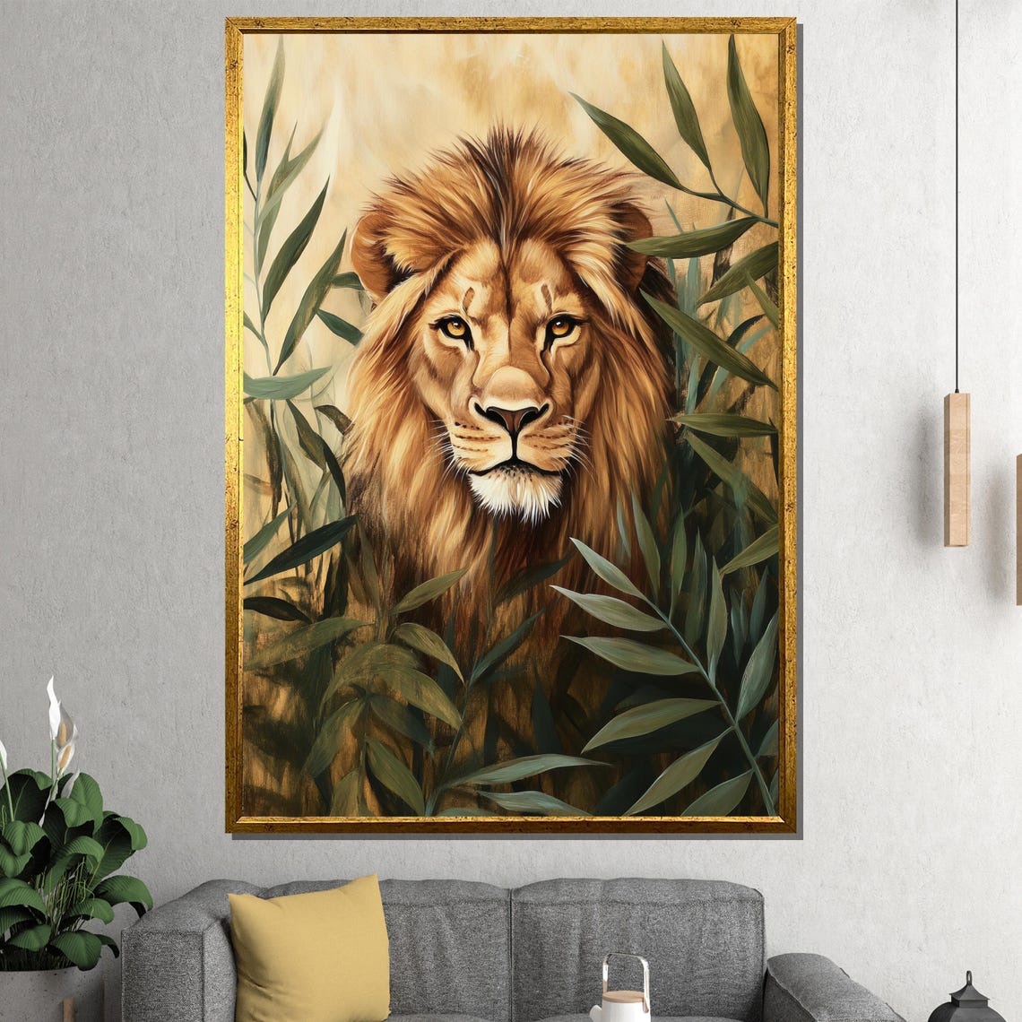 Golden Lion Portrait Emerging From Lush Bamboo Foliage Poster