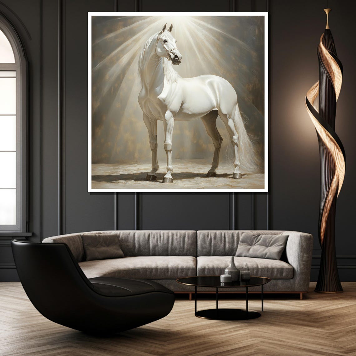 White Horse Standing Under Dramatic Golden Light Rays Poster - Image 2