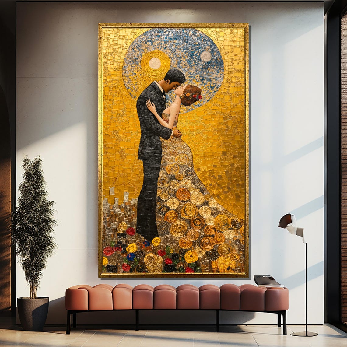 Golden Mosaic Kiss Wedding Couple Klimt Style Romantic Art Poster
