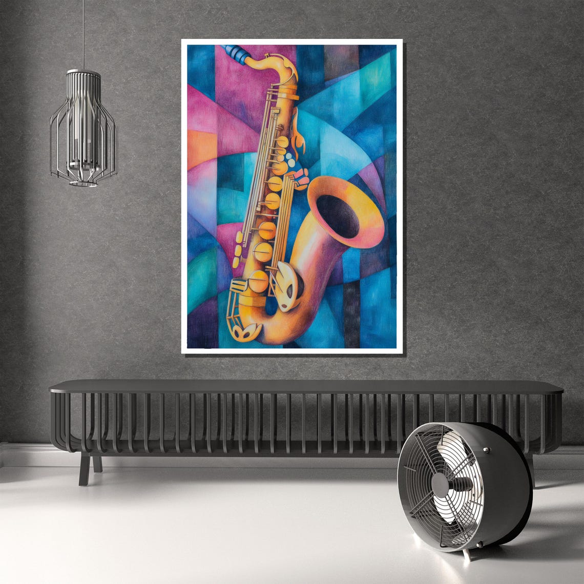 Golden Saxophone Purple Teal Cubist Jazz Painting Wall Poster - Image 2