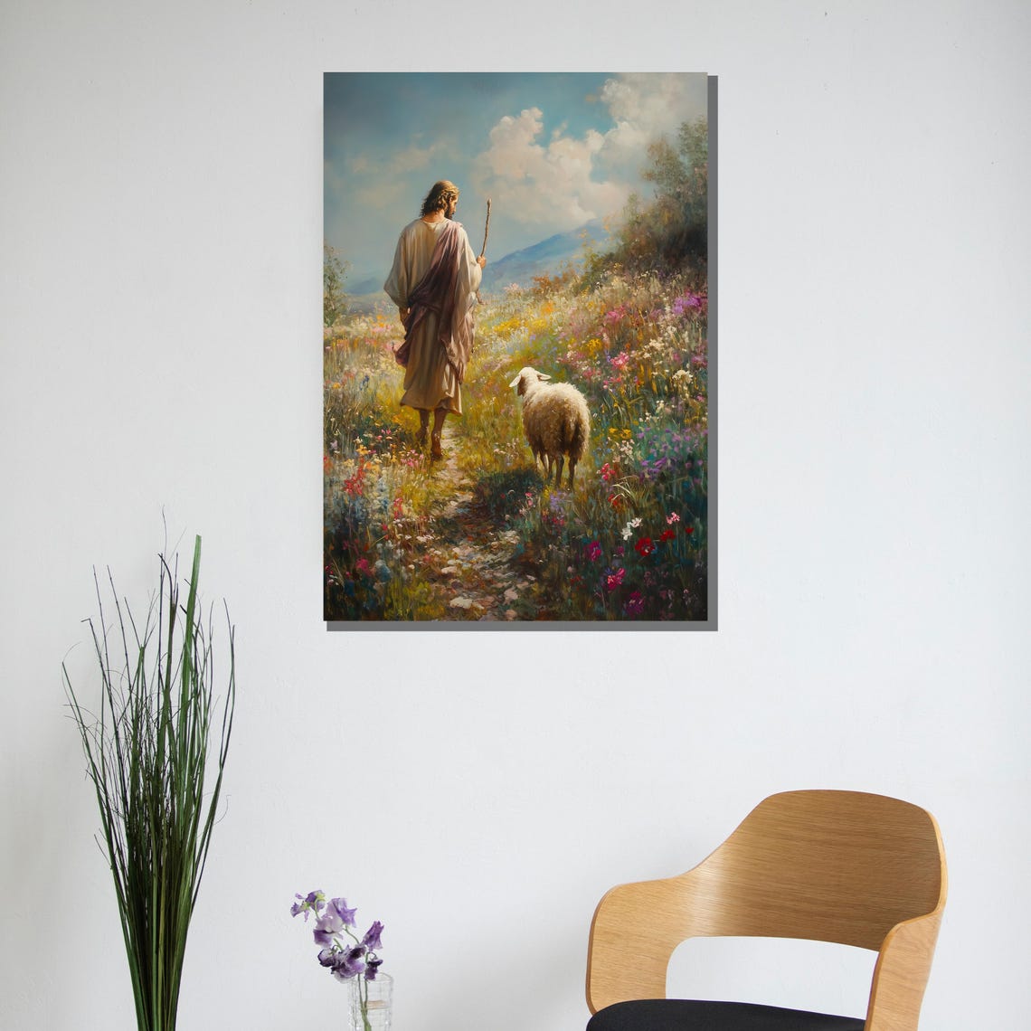 Jesus the Good Shepherd Walking with Lamb Flower Meadow Poster - Image 3
