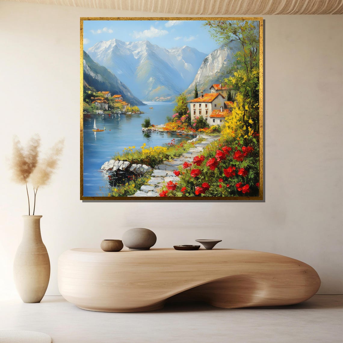 Charming Mountain Lakeside Village With Red Roofs Art Poster