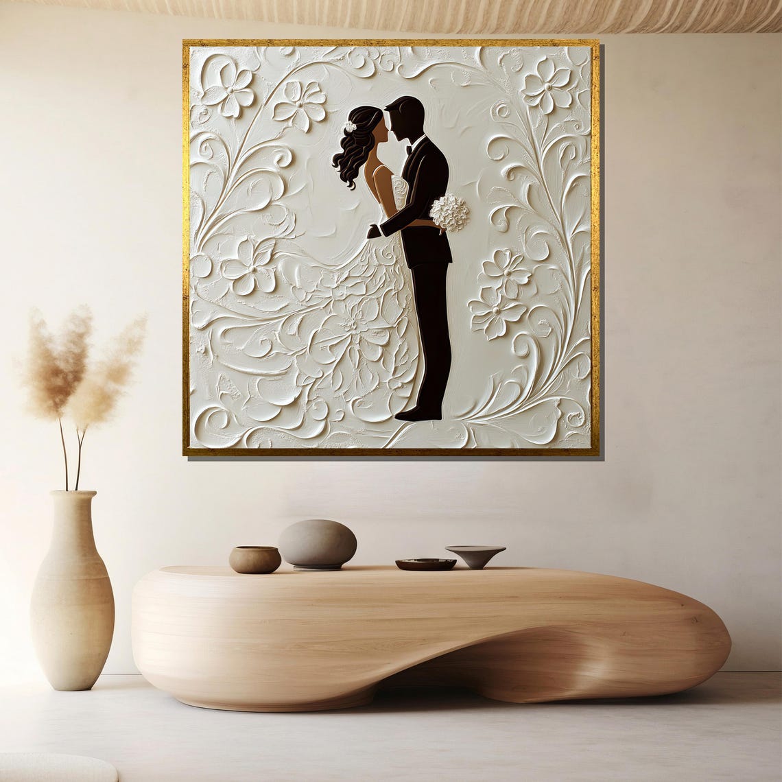 Elegant Wedding Couple White Floral Carved Relief Sculpture Poster