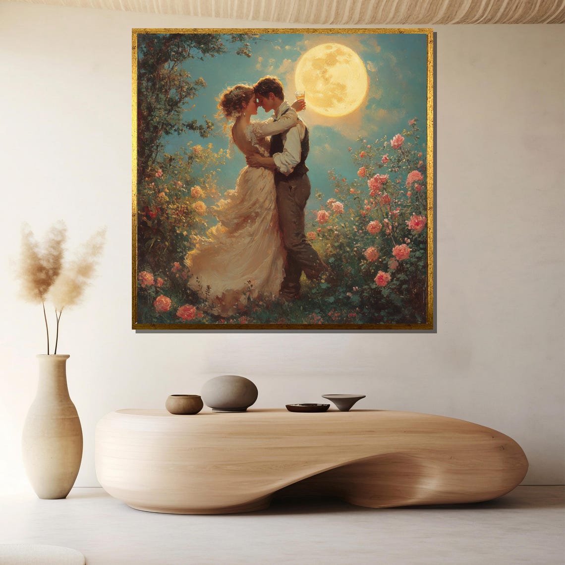 Romantic Couple Under Moonlight Blooming Floral Garden Art Poster