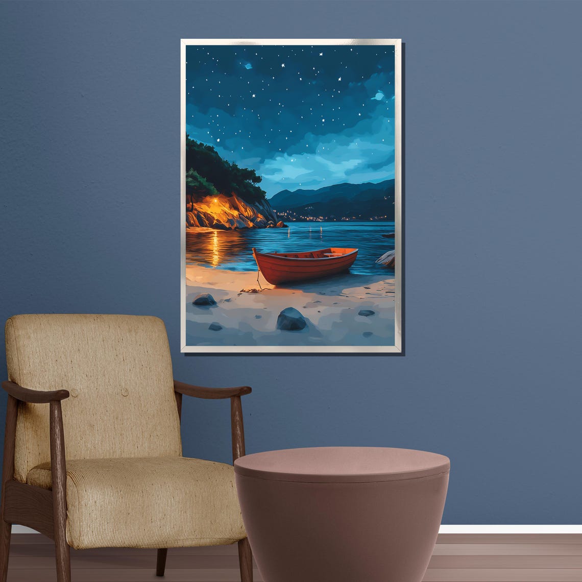 Starry Night Red Rowboat On Moonlit Beach Coastal Art Poster - Image 3