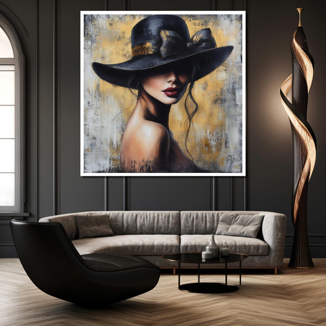 Elegant Woman In Black Bow Hat On Golden Abstract Art Poster - Image 3