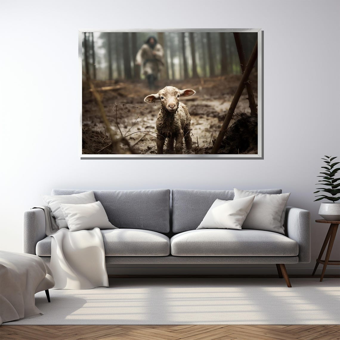 Muddy Lamb in Forest Path Shepherd Behind Christian Art Poster - Image 5