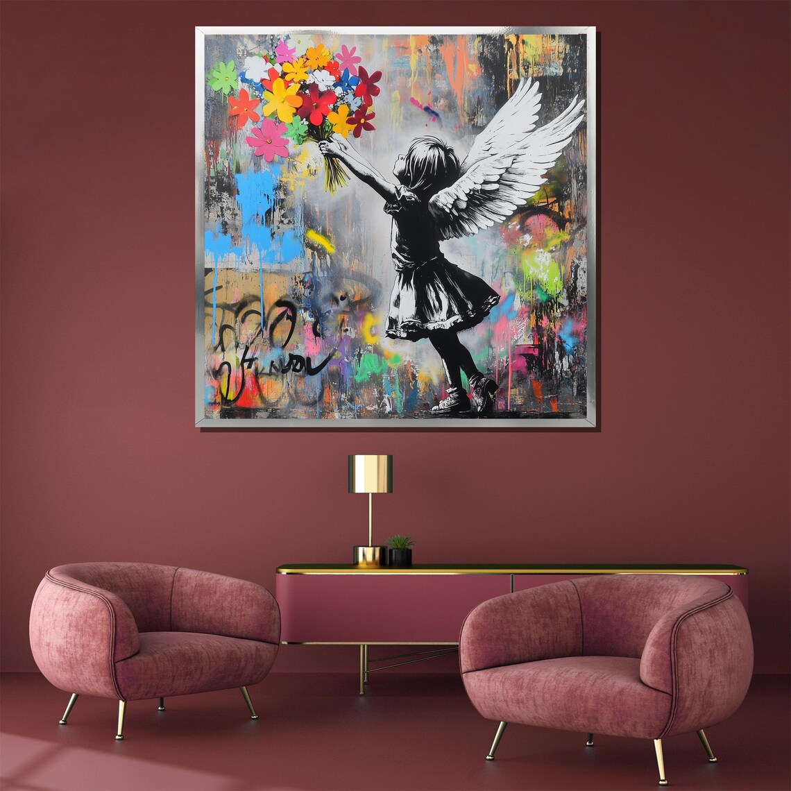 Angel Girl Holding Colorful Flowers Graffiti Style Art Poster - Image 3