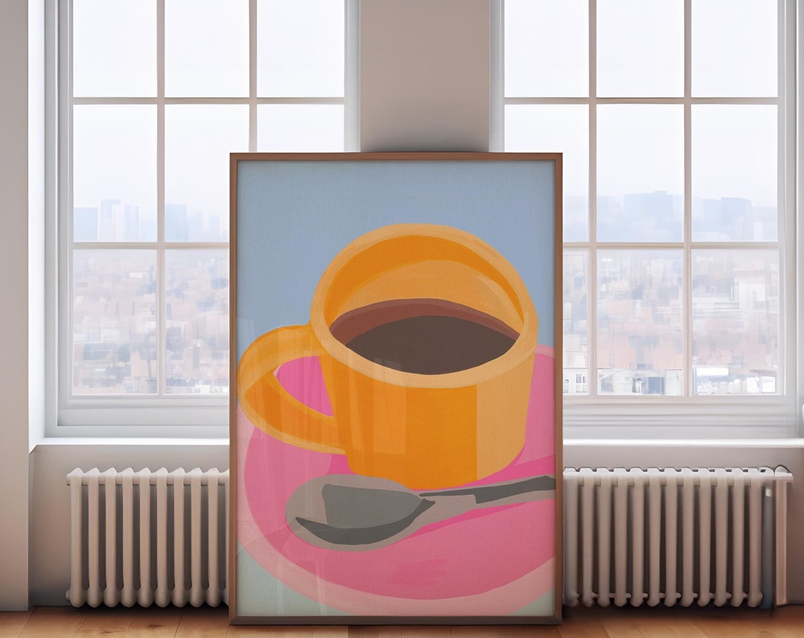Orange Coffee Cup Bold Retro Pop Art Kitchen Decor Morning Poster