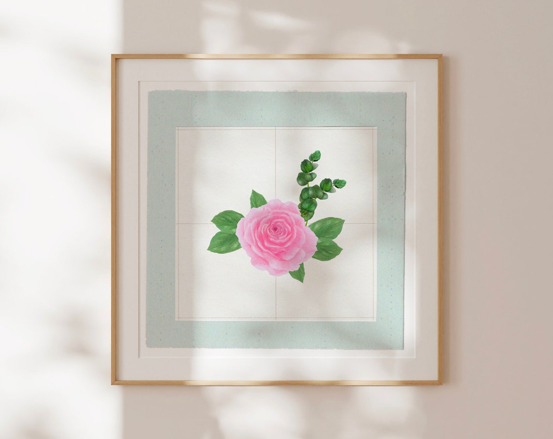 Delicate Pink Rose Bud With Green Leaves Square Cottagecore Art Print