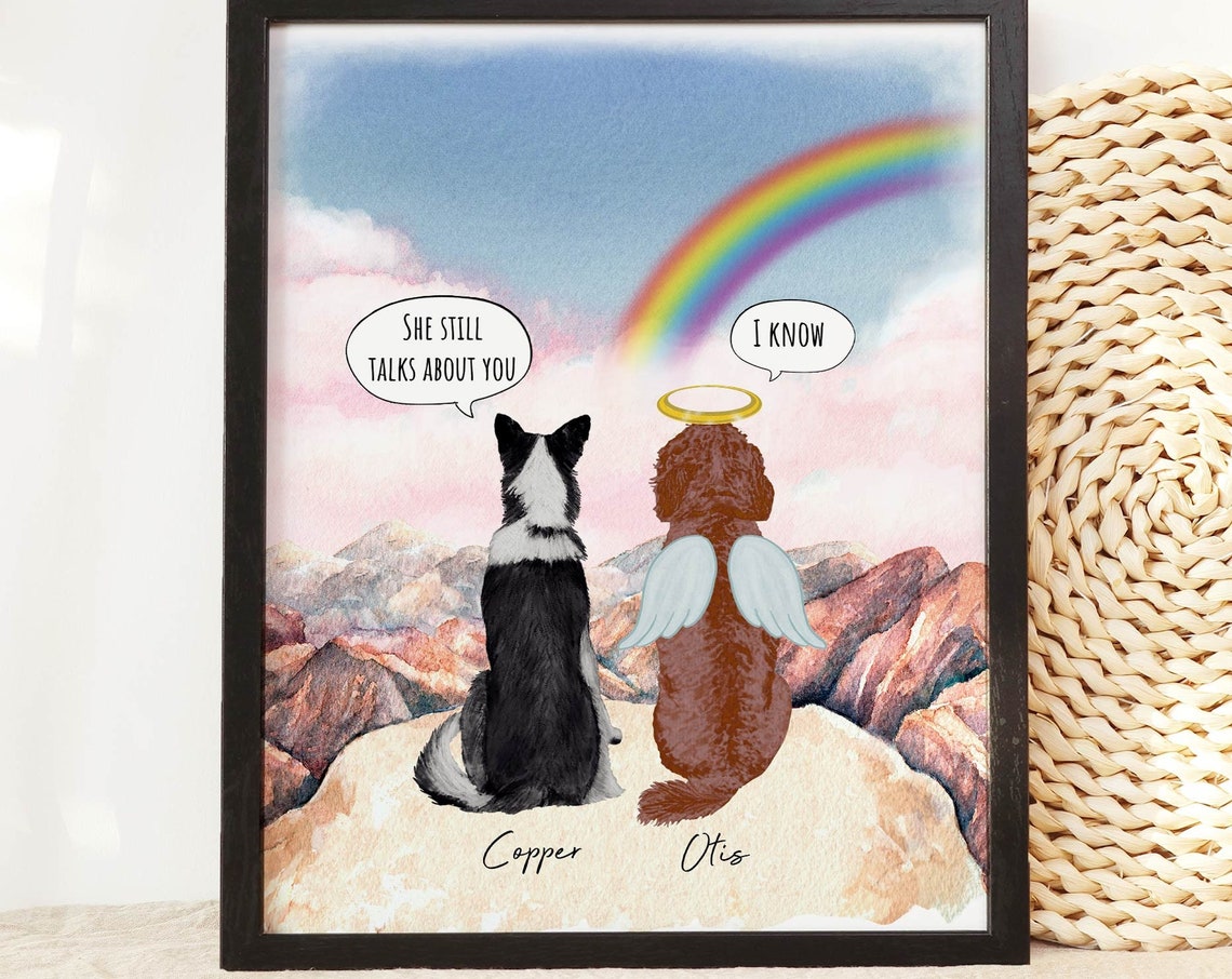 Rainbow Bridge Two Dogs Angel Wings Pet Loss Memorial Poster