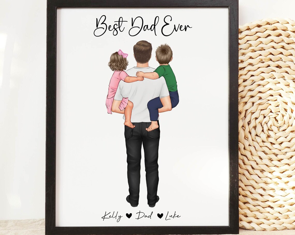 Best Dad Ever Carrying Two Kids on Back Personalized Family Poster