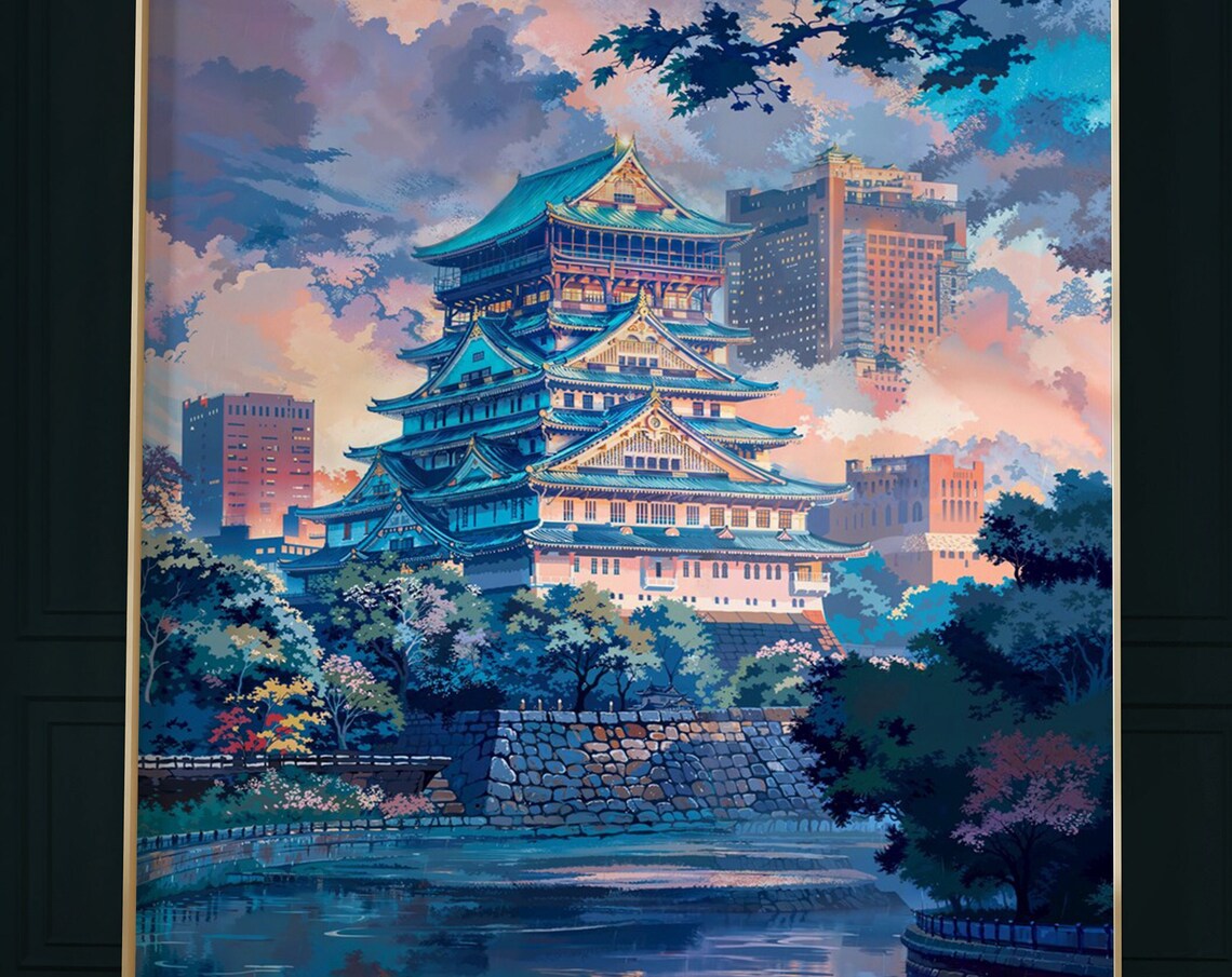 Osaka Castle Anime Poster with Pink Dusk Sky and Moat Reflection Art - Image 2