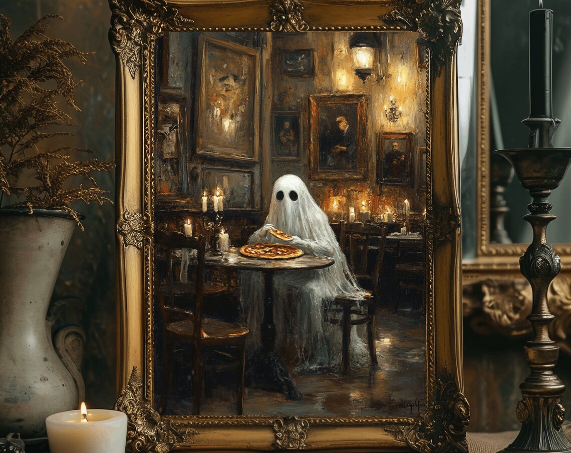 Ghost Eating Pizza Halloween Print, Dark Academia - Image 4
