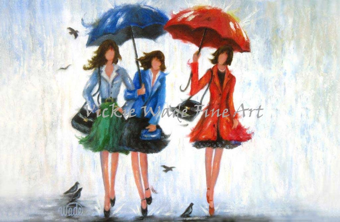 Three Fashionable Women Sharing Umbrellas on a Rainy Day Poster