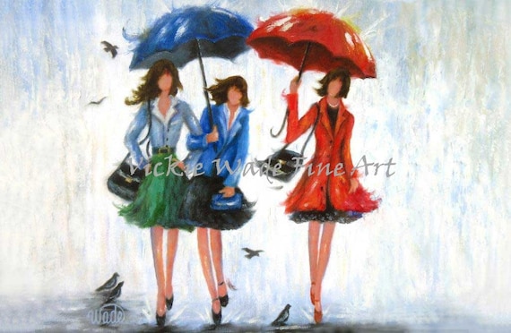 Three Fashionable Women Sharing Umbrellas on a Rainy Day Poster