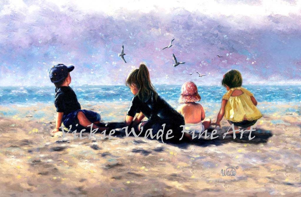 Four Kids Sitting on the Beach Watching Seagulls Over the Ocean Poster