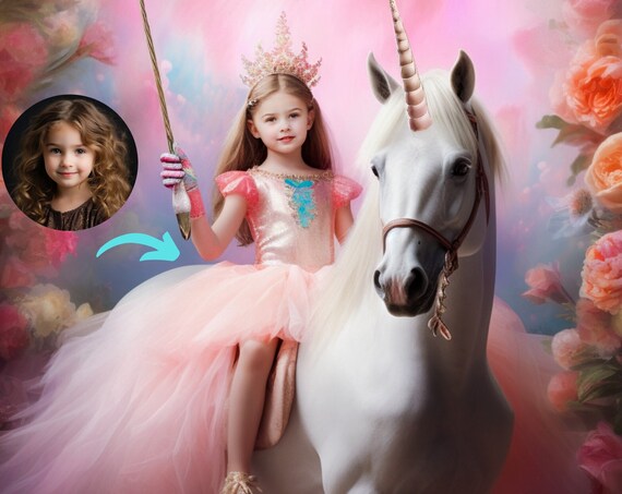 Personalized Princess Riding Unicorn Portrait Art Print