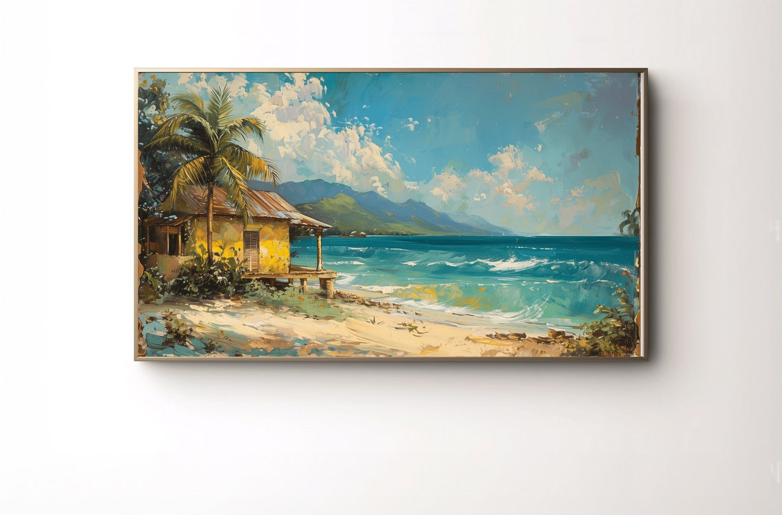 Tropical Beach Hut Palm Oil Painting Coastal Landscape Wall Art