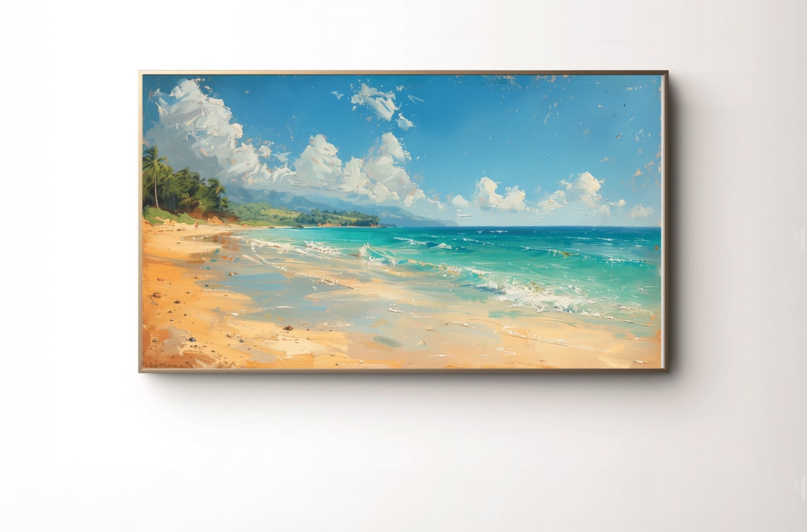 Bright Tropical Beach Panorama Painting Print with Blue Ocean