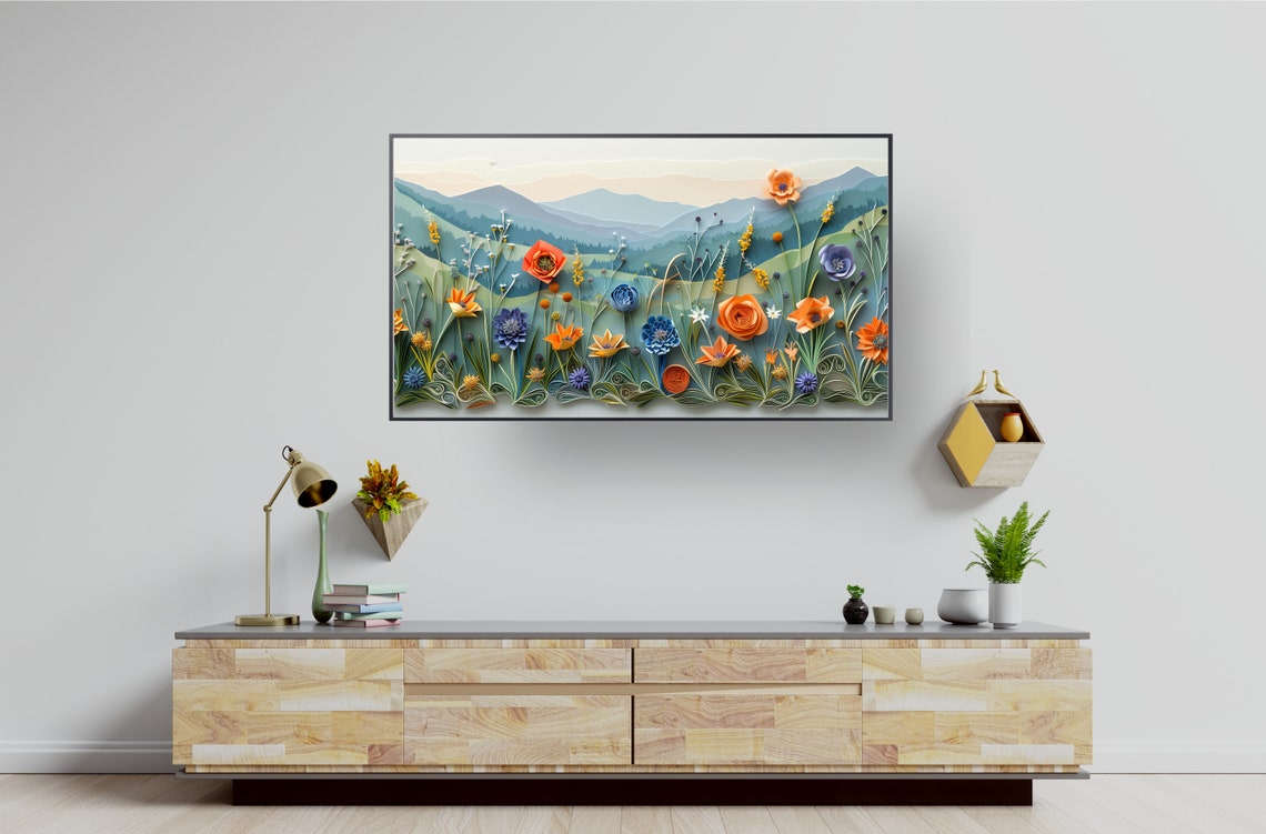 Colorful Paper Cut Floral Mountain Meadow Quilling Art Print - Image 3