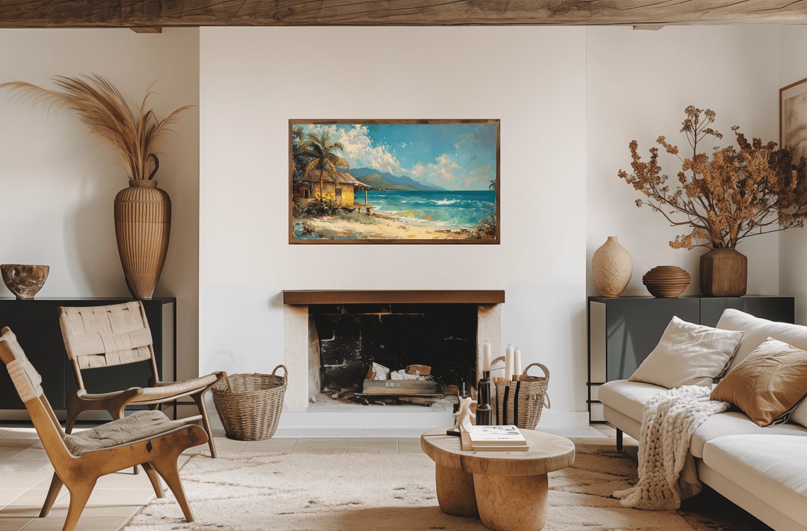 Tropical Beach Hut Palm Oil Painting Coastal Landscape Wall Art - Image 2